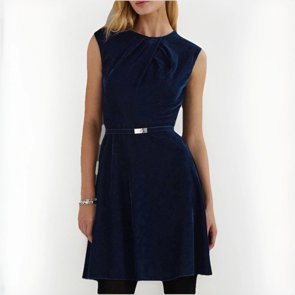 NWT Lauren Ralph Lauren Women’s Belted Velvet Cap Sleeve Dress 14